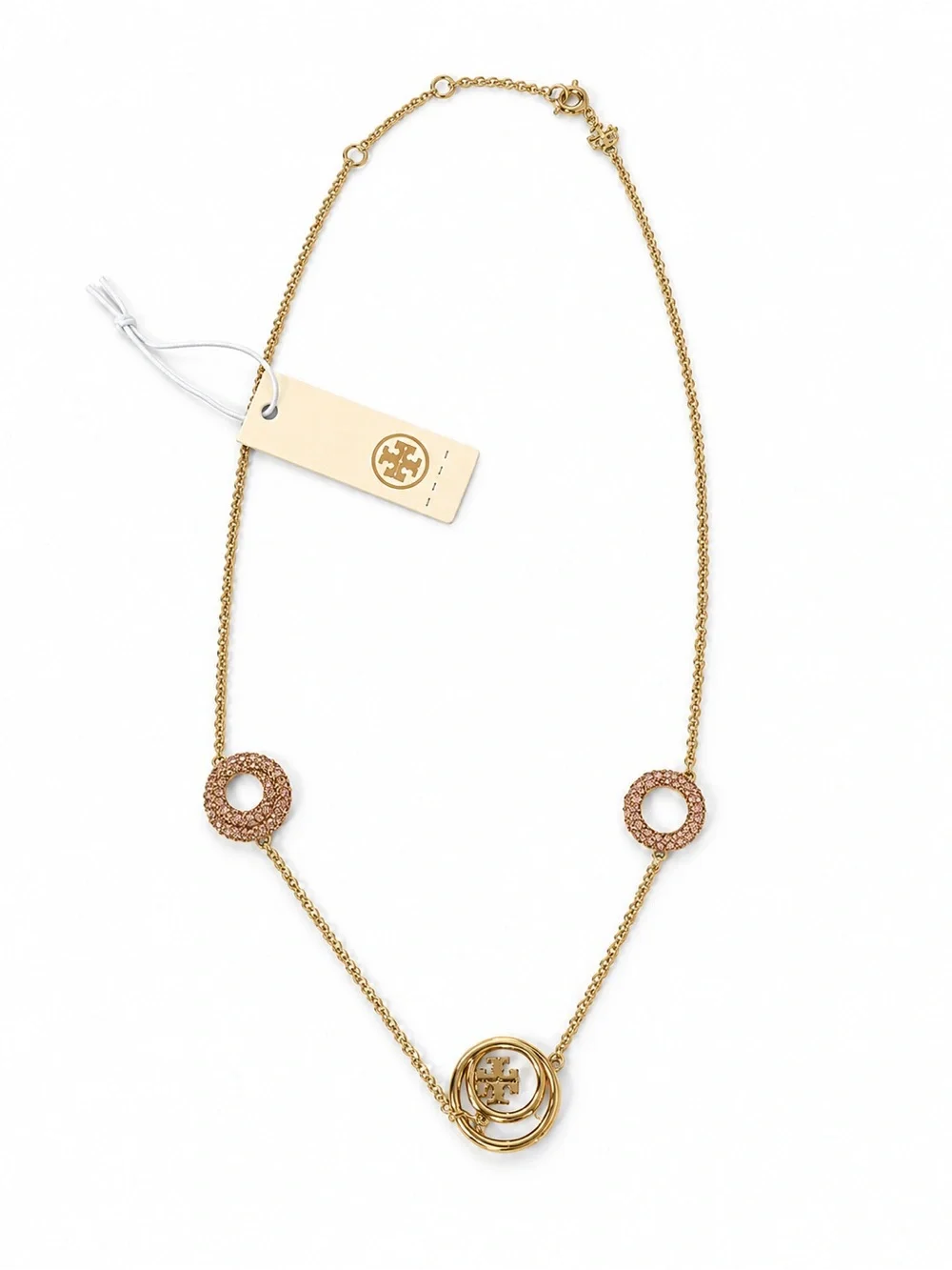 NWOT TORY BURCH MILLER RINGS NECKLACE IN GOLD AND PINK